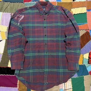 Vintage GAP Bright Green Red/Navy Paint Splattered Work Wear Button Up Large